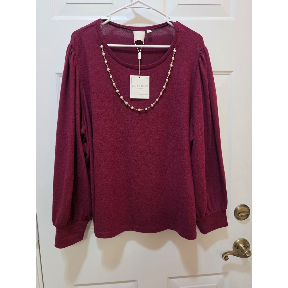 Zac & Rachel Woman NWT Pearl Neck Embellished Knit Top, Plum Burgundy 2X